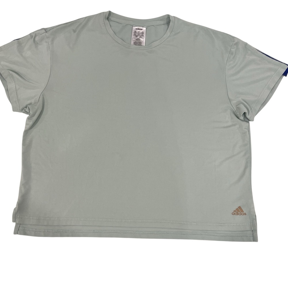 Adidas Womens Shirt Size L Dual Texture Blue Green Short Split Sleeve